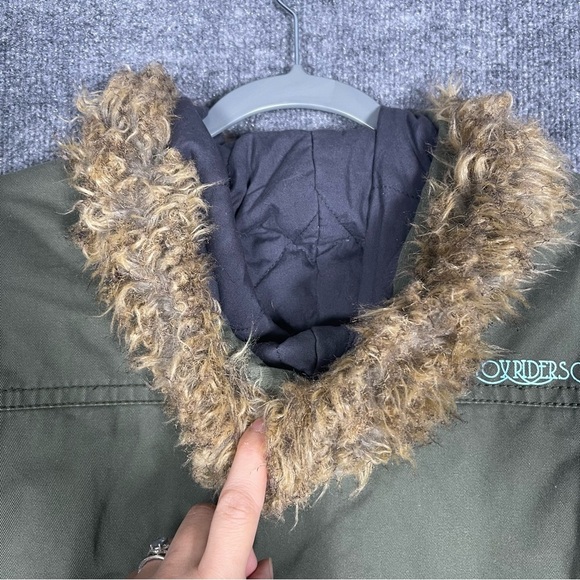 Fox Women’s Junior Large Green Military Style Faux Fur Hooded Jacket 90s Y2K - Picture 11 of 14